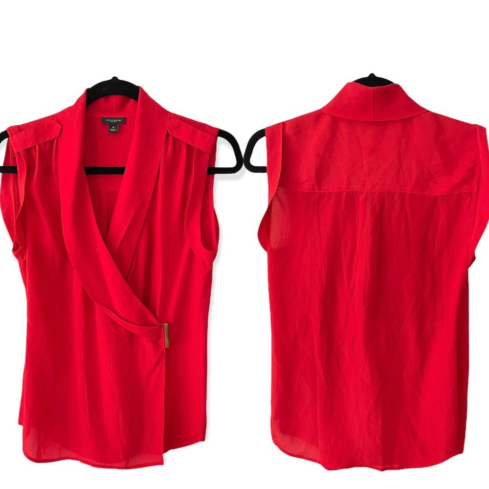 Ann Taylor Holiday Red Sleeveless Wrapped Blouse Top Size 4